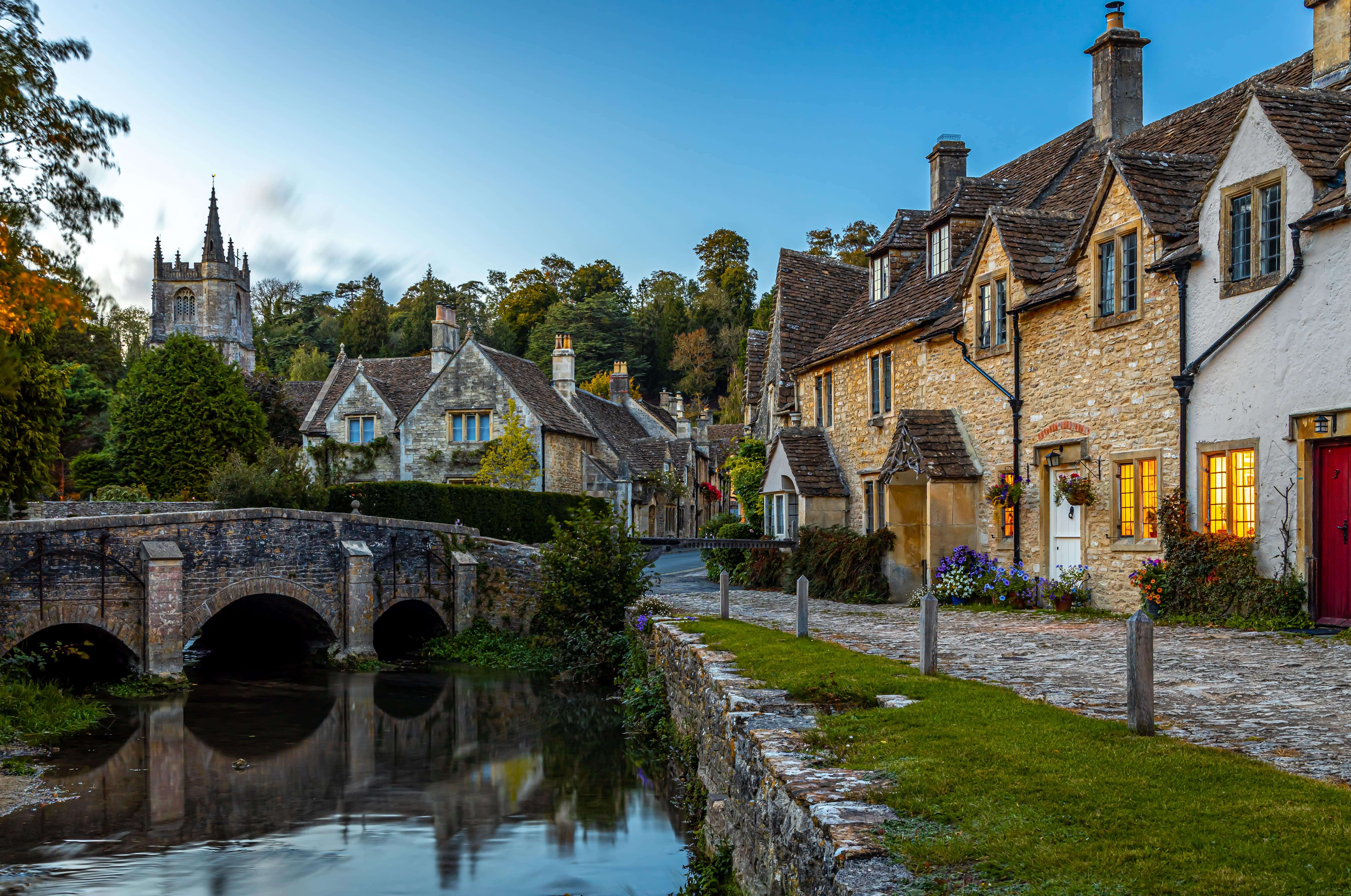 View of Castle Combe, a village and civil parish within the Cotswolds Area of Natural Beauty in Wiltshire, England